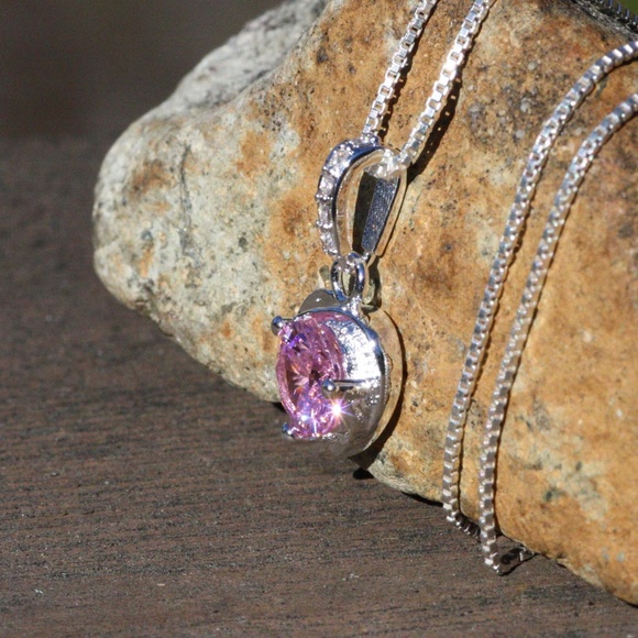 Pink Cubic Zirconia Heart Pendant Sterling Silver 925 , Pendant only no Chain - Picture 4 of 6